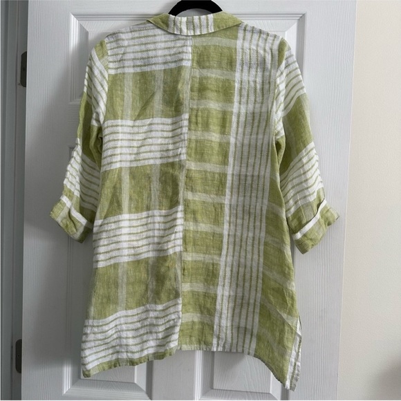 Size S Habitat Green and White 100% Linen Button Down Shirt - Picture 2 of 5